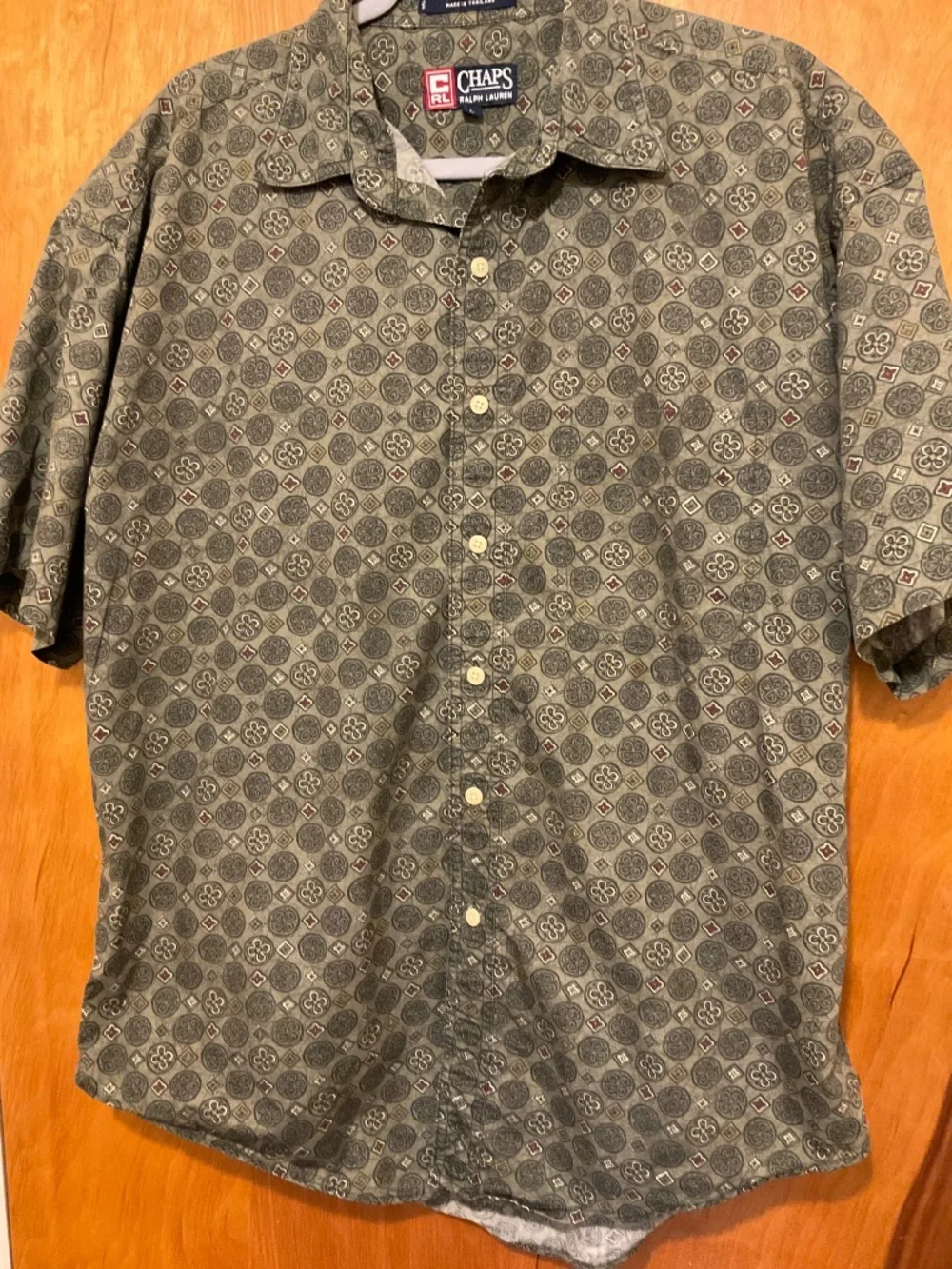 Chaps Ralph Lauren Men’s Shirt L Geometric Print Button Short Sleeve OliveGreen